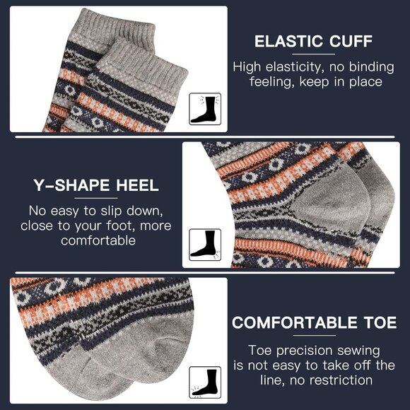 5 Pairs Wool Socks Mens Warm Winter Thermal Thick Pattern Crew Socks for Cold We - Picture 4 of 7